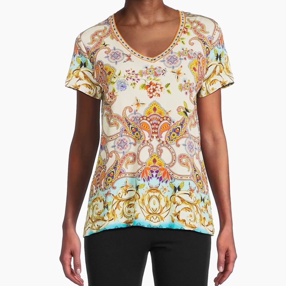 Johnny Was Sz S Top The Janie Favorite Printed V-Neck T-Shirt Boho Southwestern